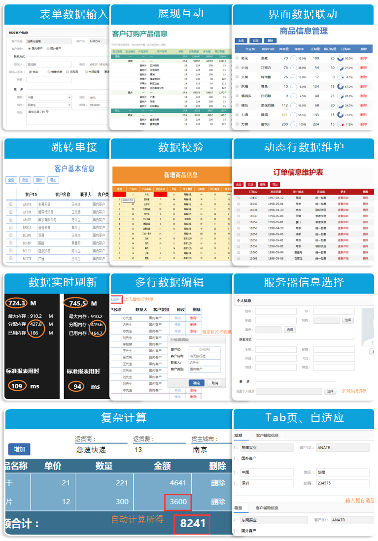 表单数据输入,界面数据联动,跳转串接,数据校验,展现互动,动态行数据维护,数据校验,展现互动,动态行数据维护,复杂计算,Tab页自适应